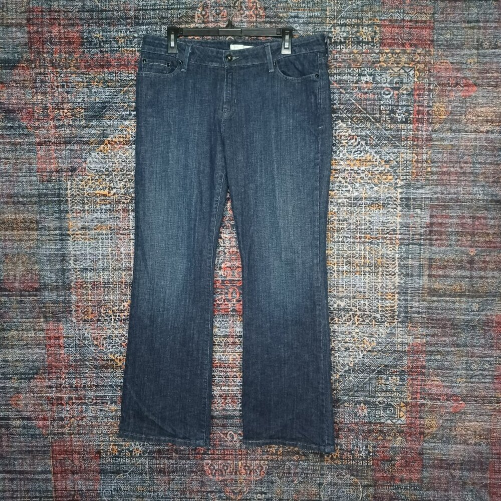 Levis womens women dark distressed 545 lowrise stretch flap boot jeans 14x32 EUC